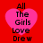 Four identical pink heart-shaped icons with black text "All The Girls Love Drew" on a red background, arranged in two of two