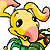 Pixelated yellow creature with large black eyes, pink inner ears, and a pink cheek, holding a green leafy object with a yellow tip.