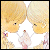 Two pixelated anime-style characters with blonde hair face each other in a close-up, holding hands with a white star shape between them.