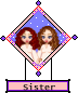 Diamond-shaped icon with two identical cartoon women in white dresses, blue eyes, brown hair, pink border, blue starry background, and text label below.