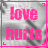 Two side-by-side animated frames of a buddy icon showing pink text "love hurts" on a gray background with a pink border, where the right frame has slightly less pixelation than the left frame.