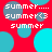 Red background with overlapping cyan and gray circles, white text reading 'summer', 'summer...', and 'summer<3' in pixelated font.