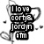Black and white pixelated icon with stacked text blocks reading 'I LOVE', 'cori &', 'jordn', 'otm' inside a mug outline, surrounded by scattered pixels.