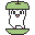 Pixelated character with green mushroom cap and platform, white body, black eyes, pink mouth, and pink feet, shown in two distinct poses.