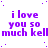 Purple pixelated text repeats 'i love you so much kell' across a white background with scattered purple dots.