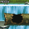 Pixel art scene showing a broken log with hollow center over water, waterfall background, and 'PREVIEW' text in top-left corner.