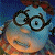 A split-screen animated contact sheet showing a cartoon character on the left and green text on a dark background on the right, with visible pixelation and dithering effects.