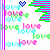 Pixelated icon with repeated 'love' text in multiple colors, a blue heart symbol, and striped geometric shapes on white background.