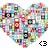 A heart-shaped collage of small, colorful pixelated images with two black '<3' symbols below it on a white background.