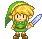 Pixel art character with green tunic, brown belt, and boots holding a blue sword against gray background.