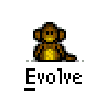 A 4x4 contact sheet of pixel art frames showing a character's evolution from monkey to human, each frame labeled "Evolve" with visible animation changes across sampled frames.