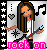 Pixel art buddy icon of a female character with long brown hair playing an electric guitar, surrounded by musical symbols and stars on a gray background.