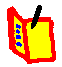Yellow open book with red border and blue star icons, black pen-like object changes position