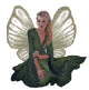 Animated fairy icon with translucent wings, green dress, and seated pose showing subtle movement.