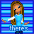 Animated contact sheet of a pixel art character with long brown hair wearing a blue dress, performing hand gestures against striped background with changing text overlays.