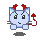 Pixel art cat with red horns and tail, light blue body, pink cheeks, black eyes, gray whiskers, dark gray shadow on gray background.