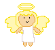 Pixelated angel figure with yellow halo, blonde hair, white dress, and wings in two poses against gray background.