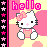Pixel art Hello Kitty icon with pink and yellow background, star border, and "hello" text in multiple frames showing animation changes.