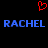 Red pixelated heart symbol above blue text reading RACHEL RACHEL on black background.