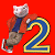 A 50x50 pixel animated buddy icon featuring a cartoon cat character in motion next to large blue and yellow number '2' on red background, with green text 'Original Icons .com' on dark green background.