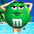 Green spherical character with white 'M' logo, light brown arms raised in a shrug pose against blue and cyan background.