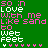 A static contact sheet of 7 animated frames showing a green background with pink and white text repeating 'so in love with me like sand to wet feet' alongside small heart symbols, arranged in a 3x3 grid with one gray square at the bottom right.