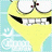 Pixelated yellow cartoon character with wide eyes, black eyebrows, and a large toothy grin against a light blue background with white cloud shapes.