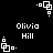 Black background with white pixelated text 'Olivia Hill' and four white geometric shapes arranged in a pattern.