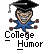 Pixelated character in black graduation cap and blue shirt with outstretched arms, standing above 'College Humor' text on gray background.