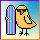 Pixel art icon of a yellow bird-like character with sunglasses holding a rainbow striped surfboard against a gradient background.