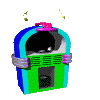 Animated sequence of a green and blue arcade machine with pink accents, showing sequential changes in internal components and scattered yellow particles.
