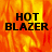 Animated fire background with "HOT BLAZER" text in black block letters, showing a gray replacing the lower-right section of the frame