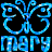 Pixelated blue butterfly-shaped icon with stylized text below, set against black background.