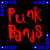 A static contact sheet of a 3x3 grid displaying seven distinct text-based buddy icons with various fonts, colors, and styles on a black background bordered by blue pixelated squares.