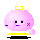 Pixelated pink spherical character with yellow crown-like top, black eyes, and pink X cheeks, shown in six sequential poses with changing facial expressions and hand positions.