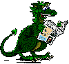 Green dragon reading newspaper with blue and white sections, standing on gray background.