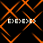 Black background with orange geometric lines forming diamond shapes, white text 'E>E>E>E' repeated in four positions.