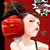 A pixelated anime-style character with dark hair in a bun, wearing a white sleeveless top, holding a red lantern against a red background with white floral patterns.