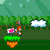 Pixelated scene shows Mario on a green platform with a pink flower, against a forest background with a white cloud.