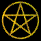 Golden pentagram symbols in circular and oval frames transition through various shapes including vertical lines, displayed on a black background.