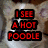 A four- of pixelated text overlays on a blurred background showing a light-colored dog's face, with red text in black rectangular boxes