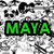 Green pixelated text 'MAYA' on black background with grayscale abstract pattern.