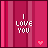 Pixelated 'I LOVE YOU' text on pink striped background with a small heart icon below the text.