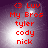 Red text on a purple gradient background with a bright white light effect, displaying 'Luv My Bros tyler cody nick' in a pixelated font.
