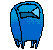 Blue pixelated character with yellow accents in various poses and partial views on gray background.