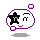Pixelated cartoon face with purple outline, black star over left eye, red smile, and gray shadow on light gray background.