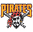 Pixelated graphic with bold yellow-orange text 'PIRATES' above a skull and crossbones symbol featuring red bandana, black-and-white bones, and grayish background.