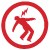 Red circular prohibition symbol with a red stick figure inside, showing the figure falling backward with arms outstretched and legs splayed, all within a white background circle bordered by a thick red ring.