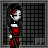 Pixel art character with long black hair and red headband, wearing white top and red skirt, standing against dark background with text overlays