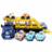 Animated yellow taxi with blue and light-blue passengers, red Santa hat on driver, green outfit, black background with red text.